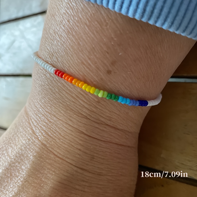2pcs Rainbow Beaded Stretch Bracelets Colorful Boho Elastic Bangle Set